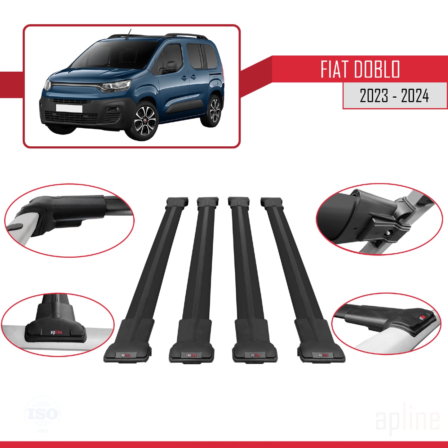 Compatible with Fiat Doblo 3 2023-2024 FLY Model Car Roof Rack Cross Bar Black Aluminium 4 Bars