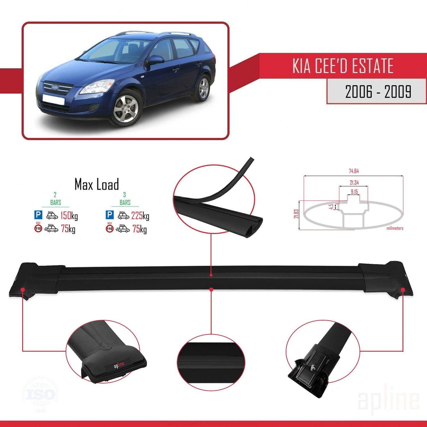 Compatible with Kia Ceed (ED) SW Post-Facelift 2009-2012 FLY Model Car Roof Rack Cross Bar Black Aluminium 2 Bars
