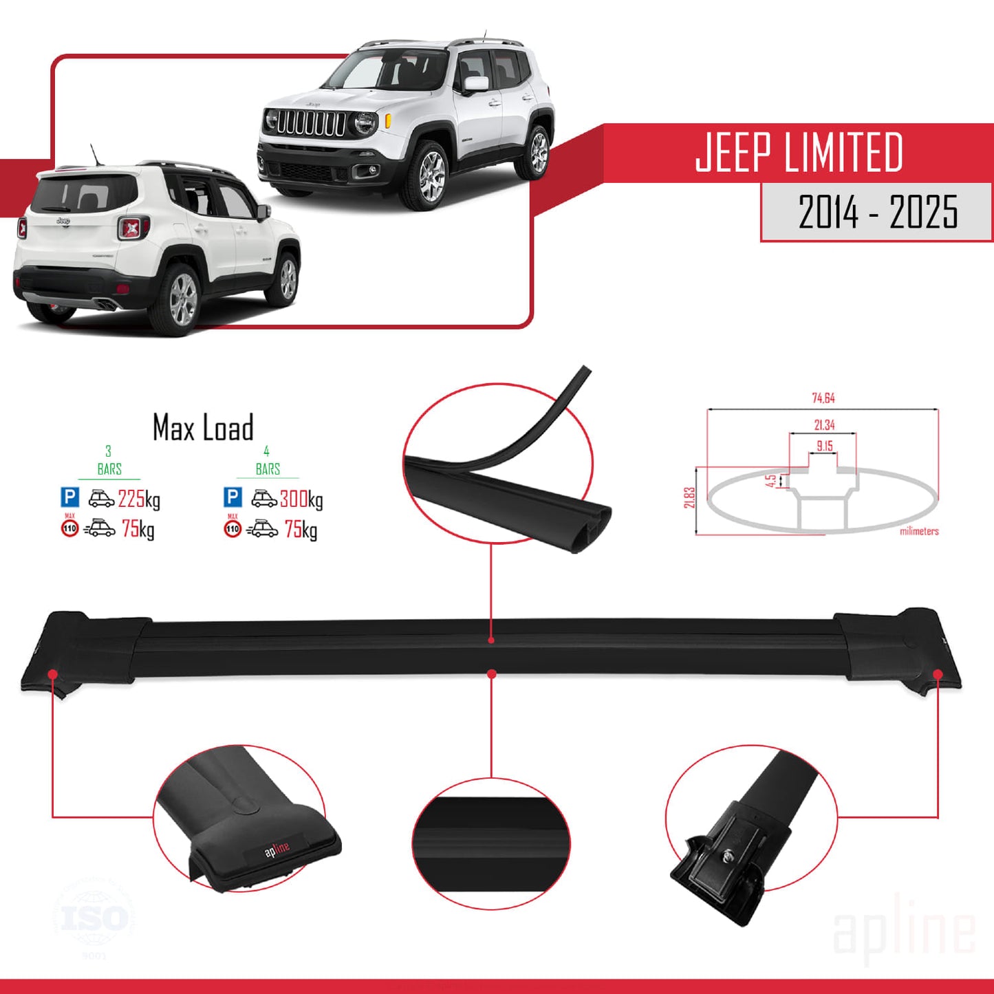 Compatible with Jeep Limited 2014-2025 FLY Model Car Roof Rack Cross Bar Black Aluminium 3 Bars