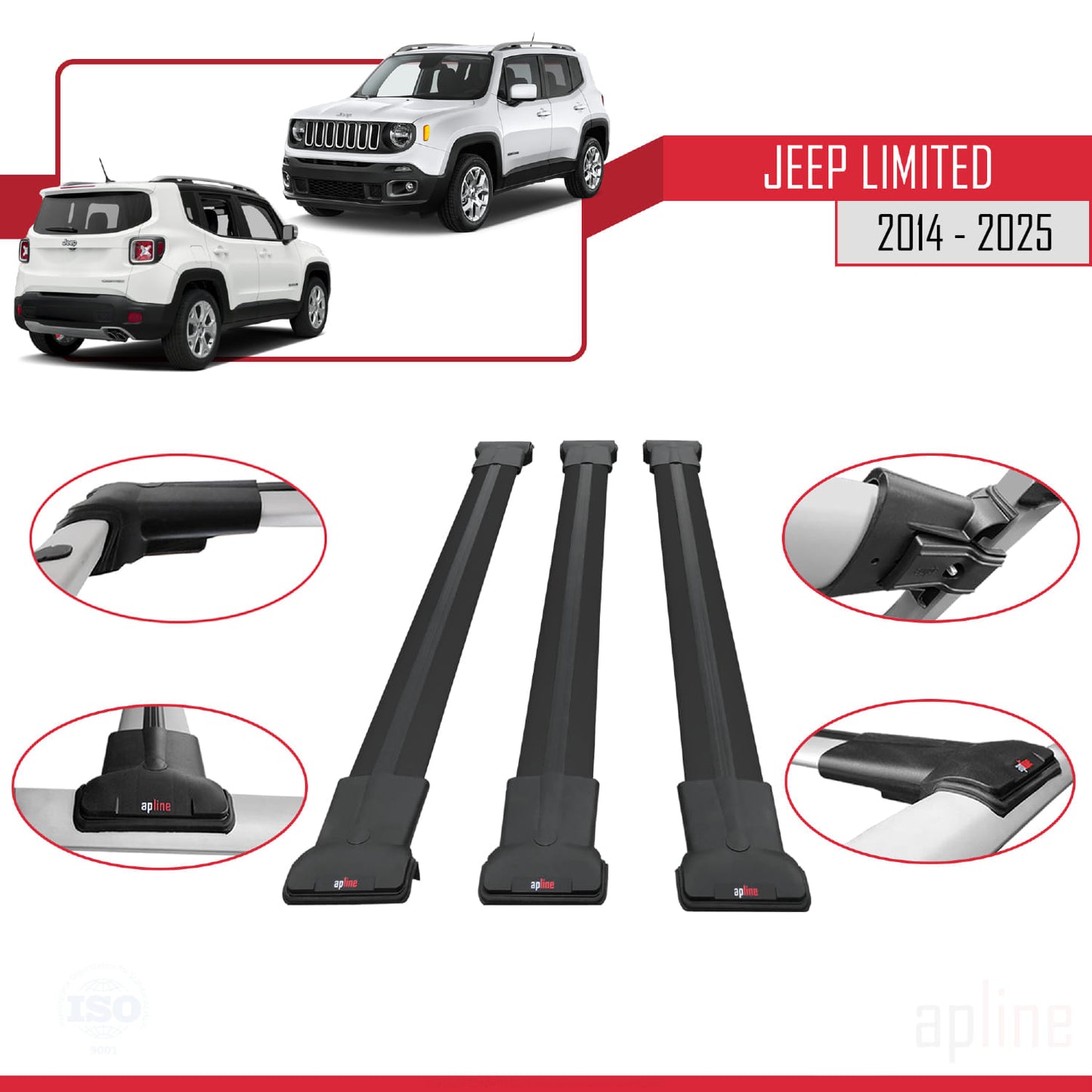 Compatible with Jeep Limited 2014-2025 FLY Model Car Roof Rack Cross Bar Black Aluminium 3 Bars