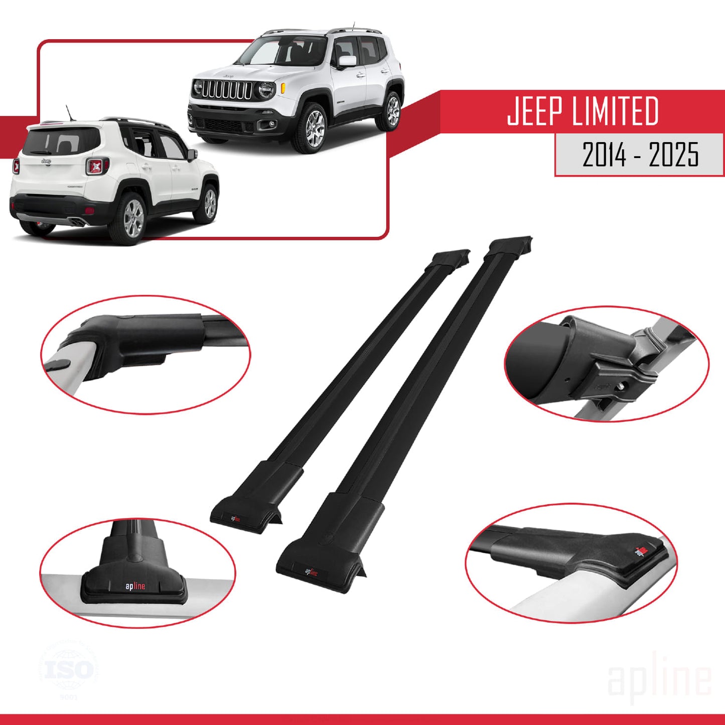 Compatible with Jeep Limited 2014-2025 FLY Model Car Roof Rack Cross Bar Black Aluminium 2 Bars