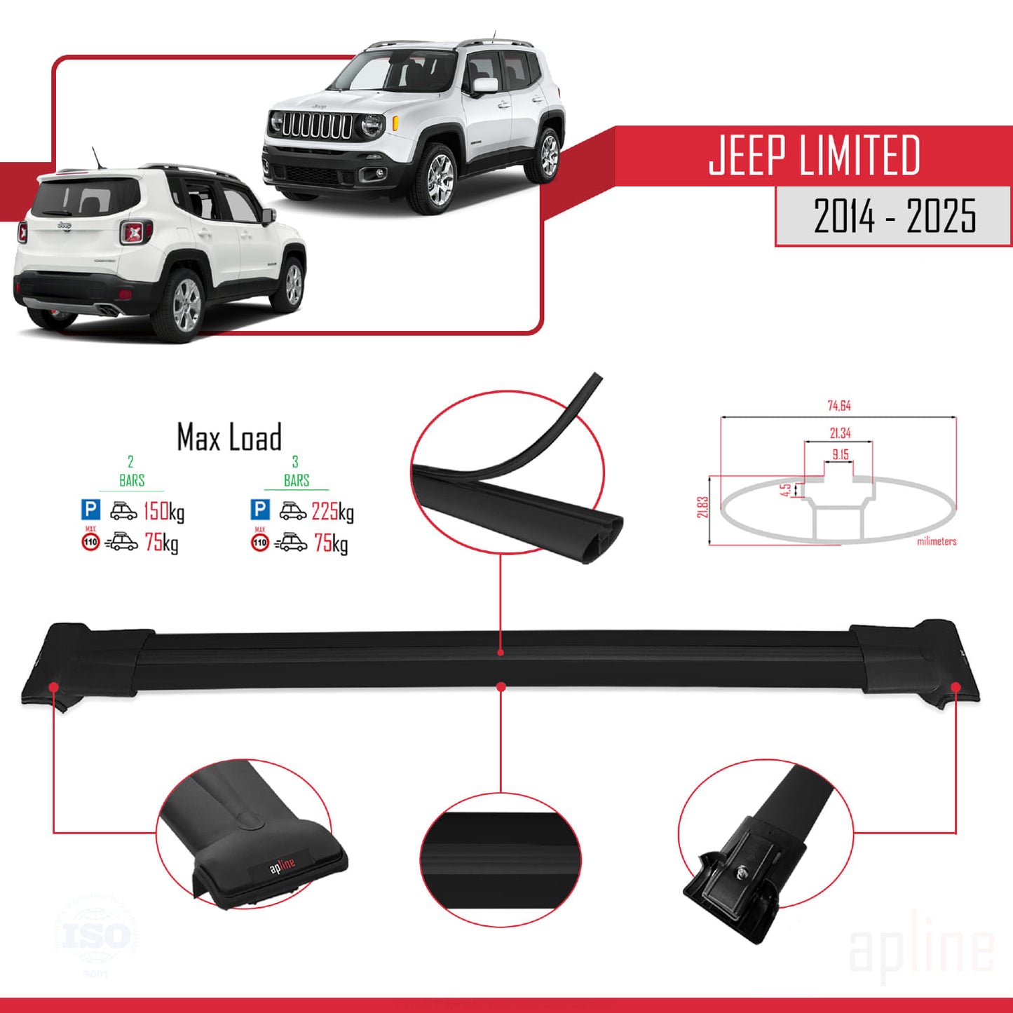 Compatible with Jeep Limited 2014-2025 FLY Model Car Roof Rack Cross Bar Black Aluminium 2 Bars
