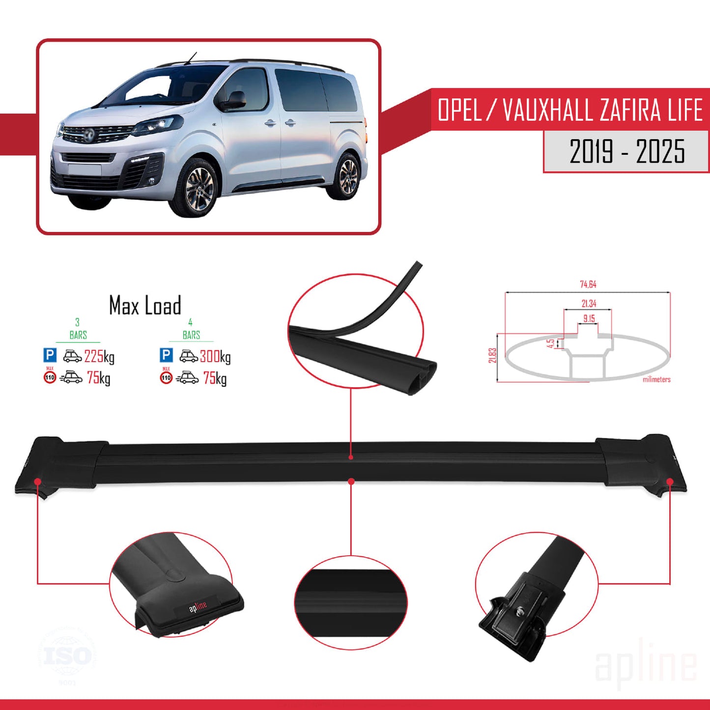 Compatible with Opel Zafira Life 2019-2025 FLY Model Car Roof Rack Cross Bar Black Aluminium 3 Bars