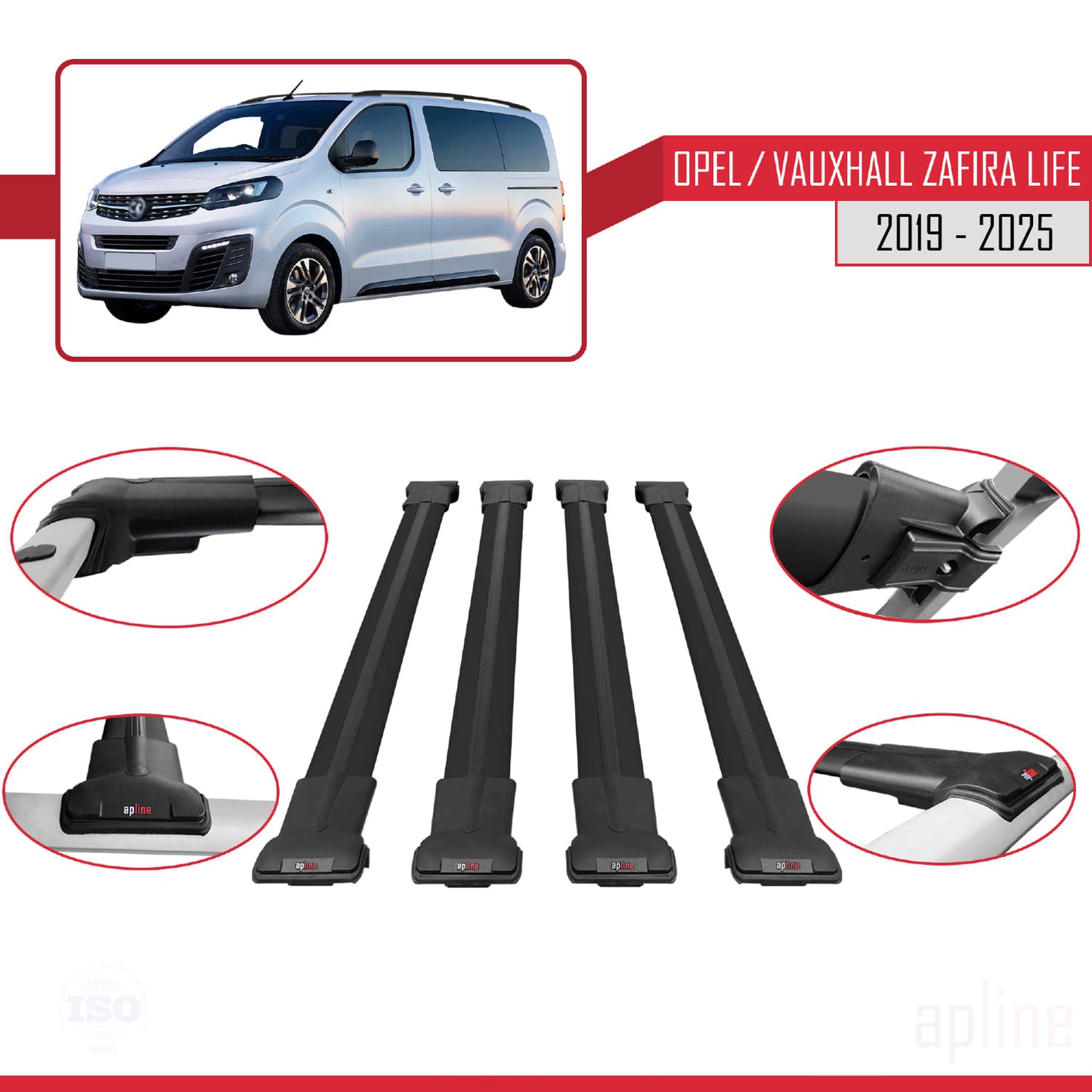 Compatible with Opel Zafira Life 2019-2025 FLY Model Car Roof Rack Cross Bar Black Aluminium 4 Bars