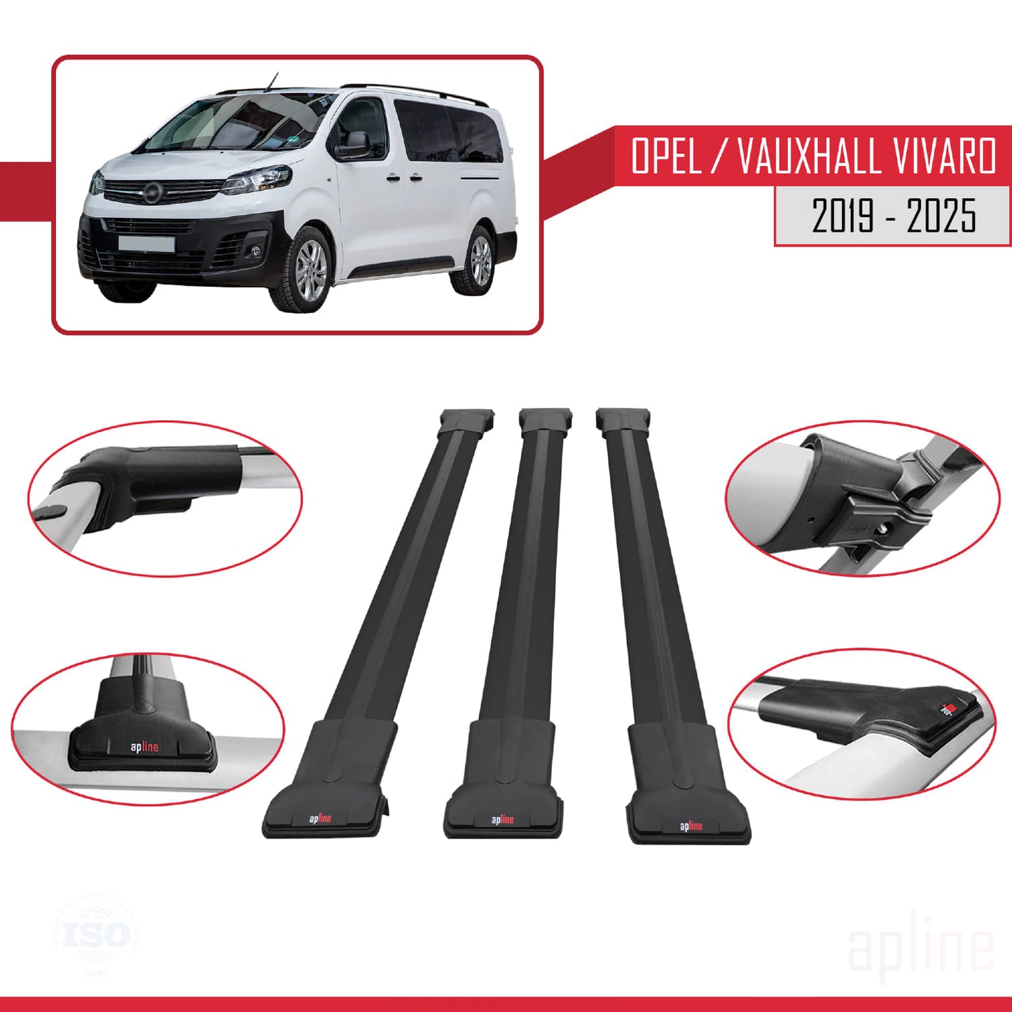 Compatible with Opel Vivaro C 2019-2025 FLY Model Car Roof Rack Cross Bar Black Aluminium 3 Bars