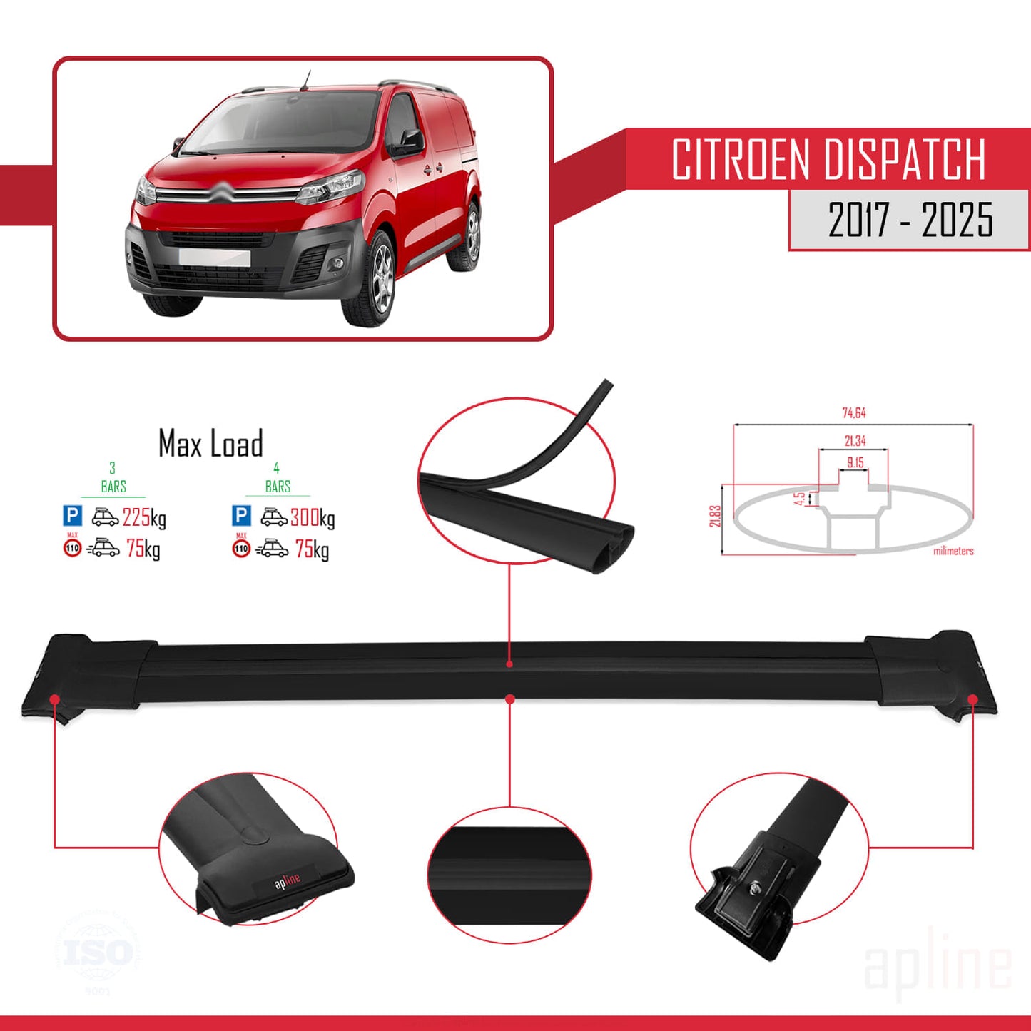 Compatible with Citroen Dispatch (K0) 2017-2025 FLY Model Car Roof Rack Cross Bar Black Aluminium 3 Bars