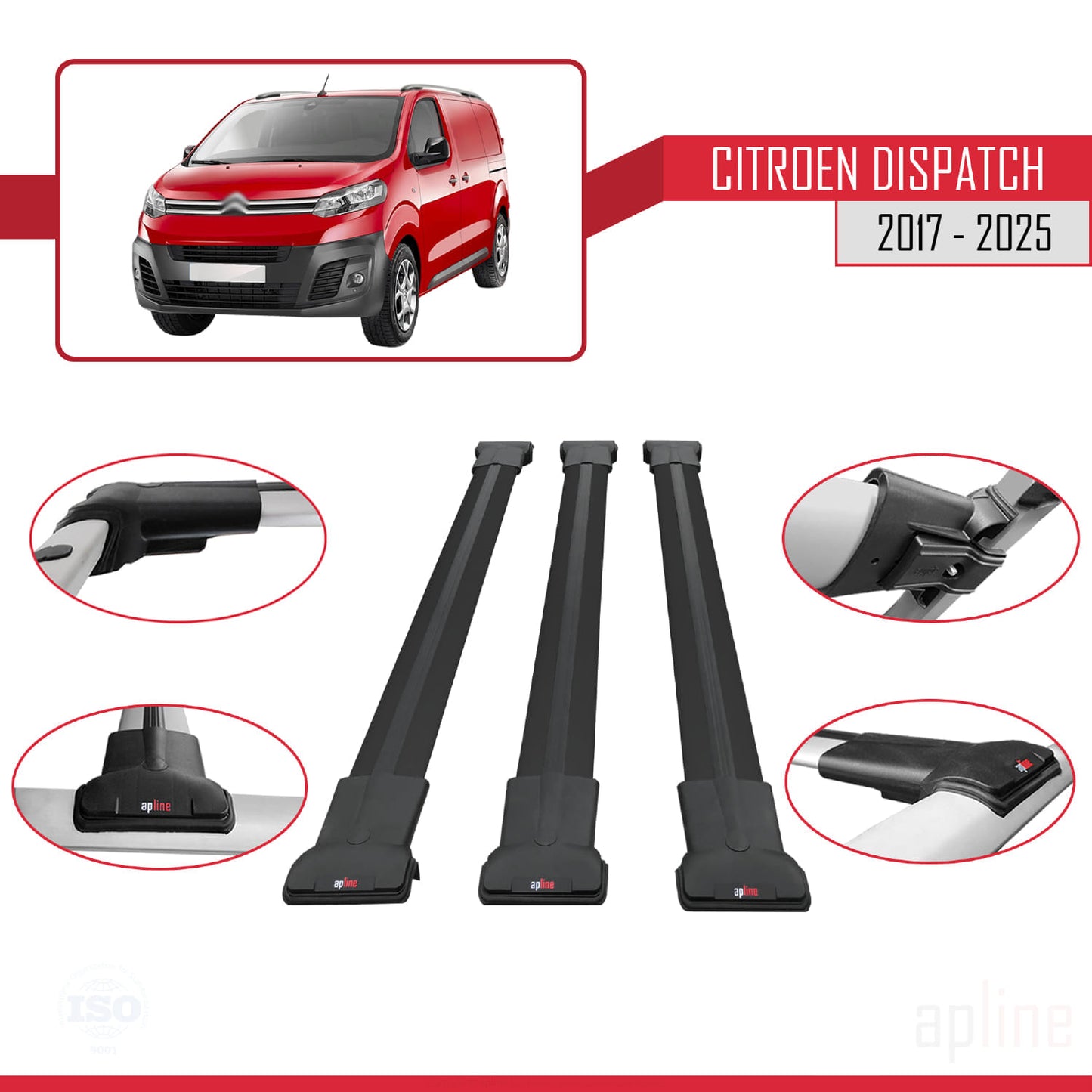 Compatible with Citroen Dispatch (K0) 2017-2025 FLY Model Car Roof Rack Cross Bar Black Aluminium 3 Bars