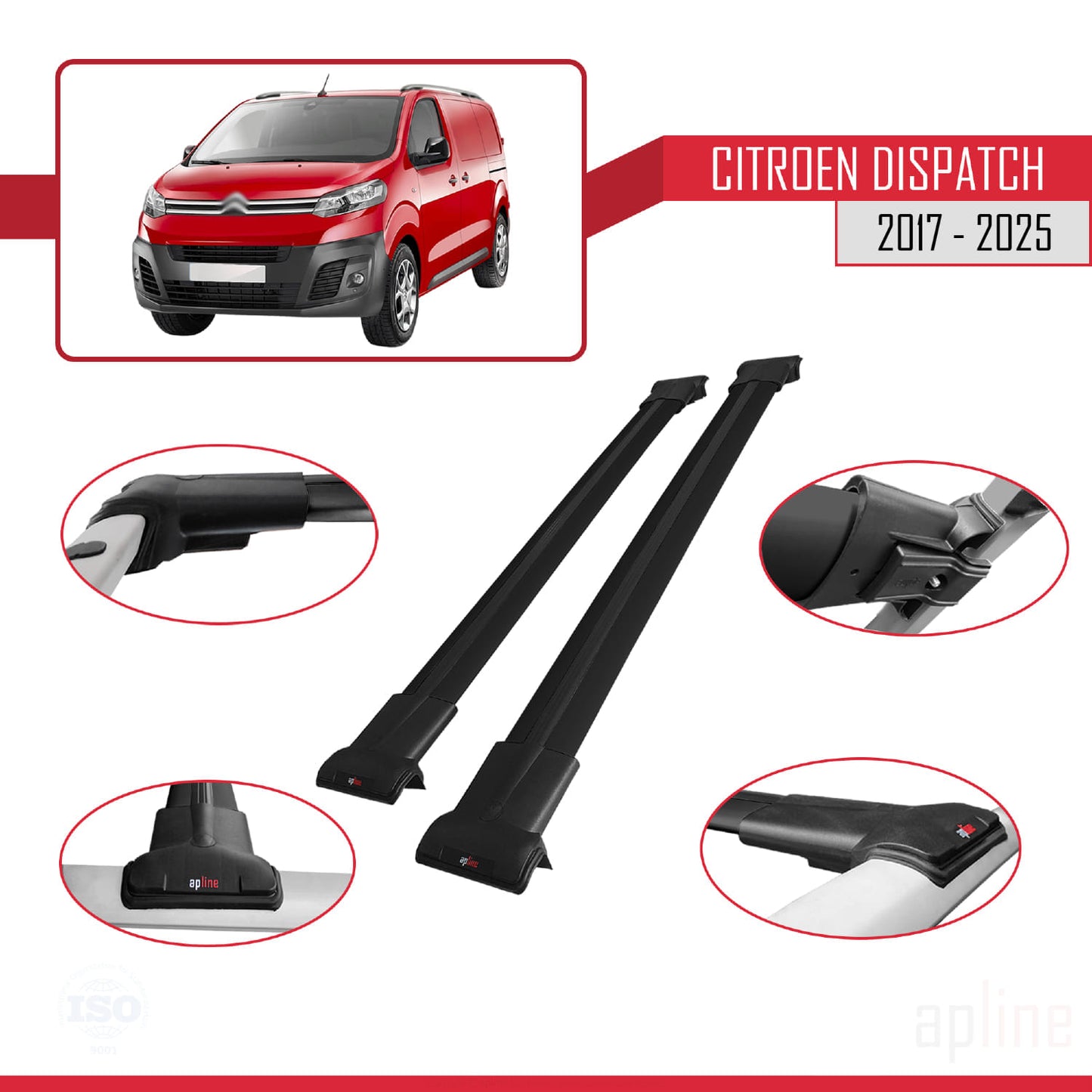 Compatible with Citroen Dispatch (K0) 2017-2025 FLY Model Car Roof Rack Cross Bar Black Aluminium 2 Bars