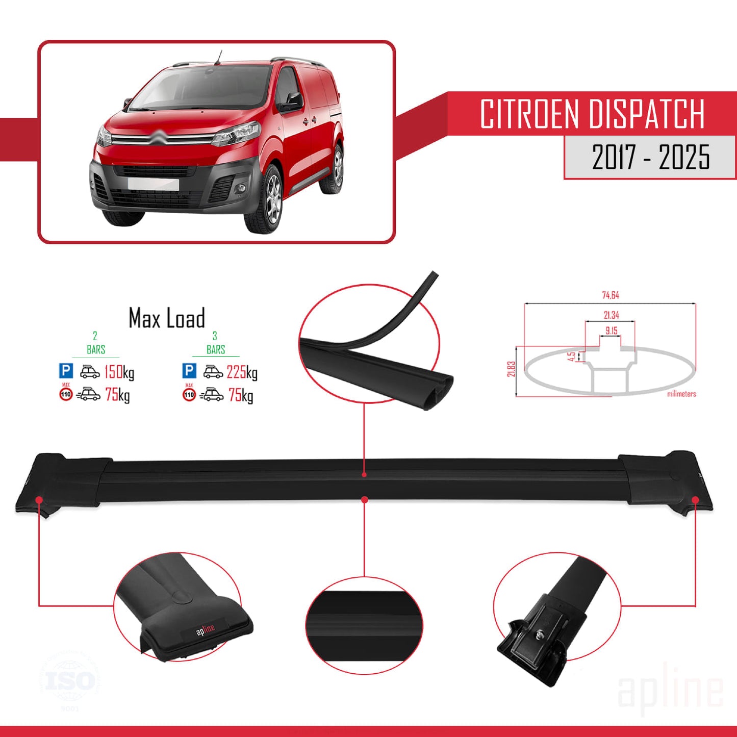 Compatible with Citroen Dispatch (K0) 2017-2025 FLY Model Car Roof Rack Cross Bar Black Aluminium 2 Bars