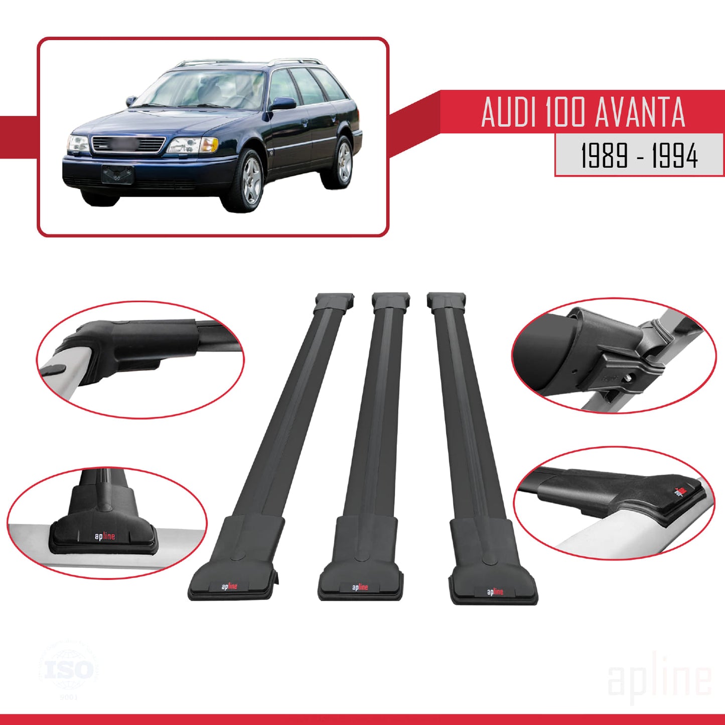 Compatible with Audi 100 Avanta 1989-1994 FLY Model Car Roof Rack Cross Bar Black Aluminium 3 Bars