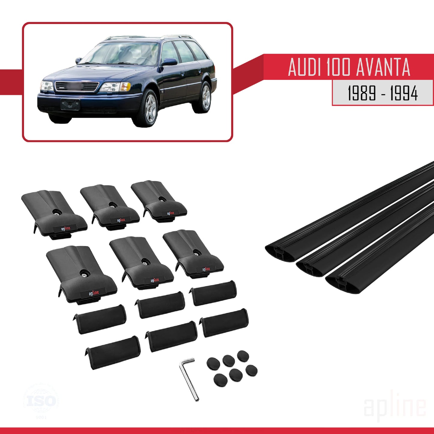 Compatible with Audi 100 Avanta 1989-1994 FLY Model Car Roof Rack Cross Bar Black Aluminium 3 Bars