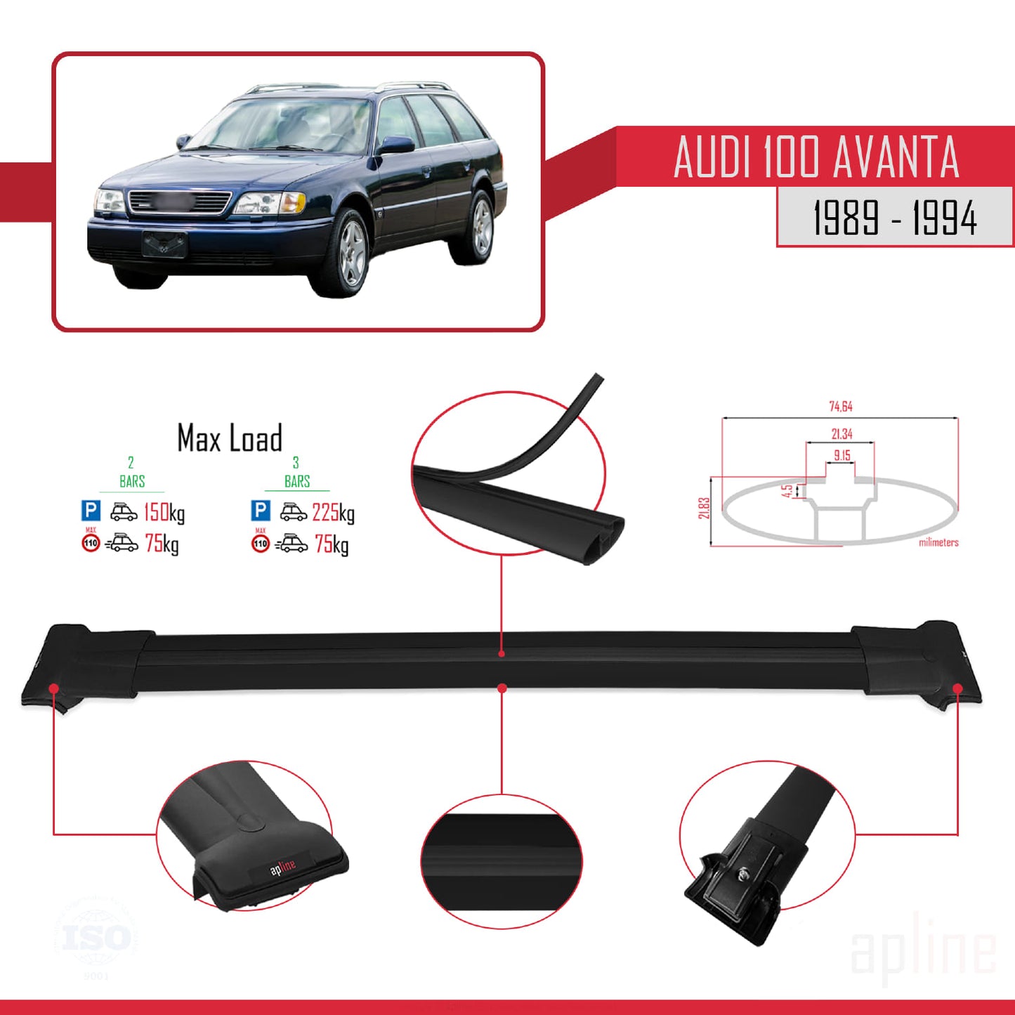 Compatible with Audi 100 Avanta 1989-1994 FLY Model Car Roof Rack Cross Bar Black Aluminium 2 Bars
