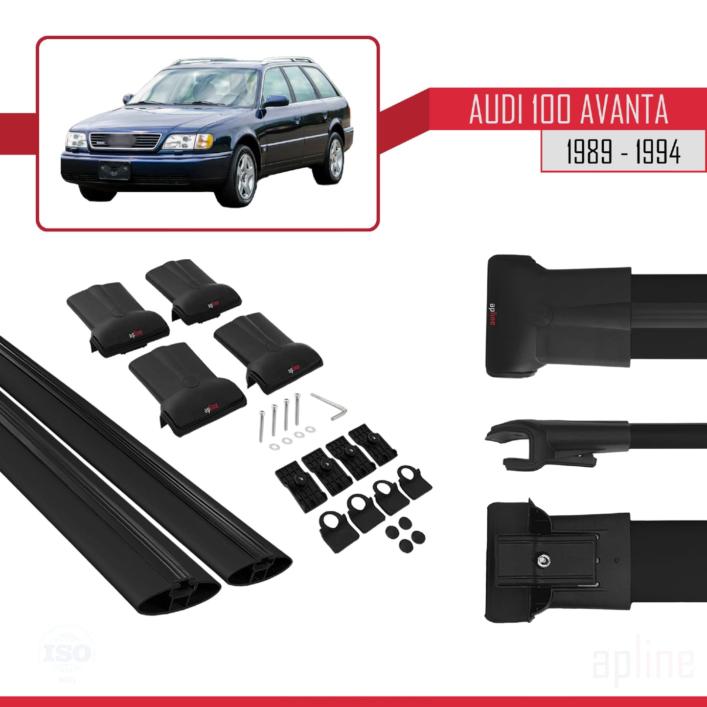 Compatible with Audi 100 Avanta 1989-1994 FLY Model Car Roof Rack Cross Bar Black Aluminium 2 Bars