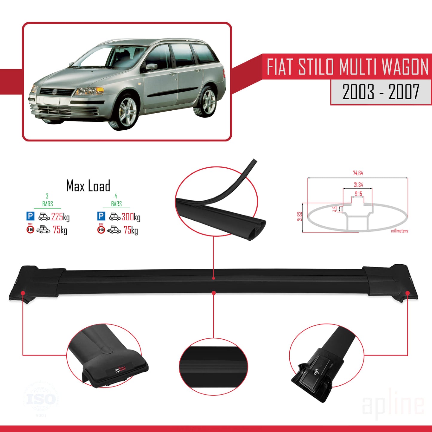 Compatible with Fiat Stilo Multi Wagon 2003-2007 FLY Model Car Roof Rack Cross Bar Black Aluminium 3 Bars