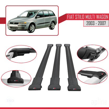 Compatible with Fiat Stilo Multi Wagon 2003-2007 FLY Model Car Roof Rack Cross Bar Black Aluminium 3 Bars