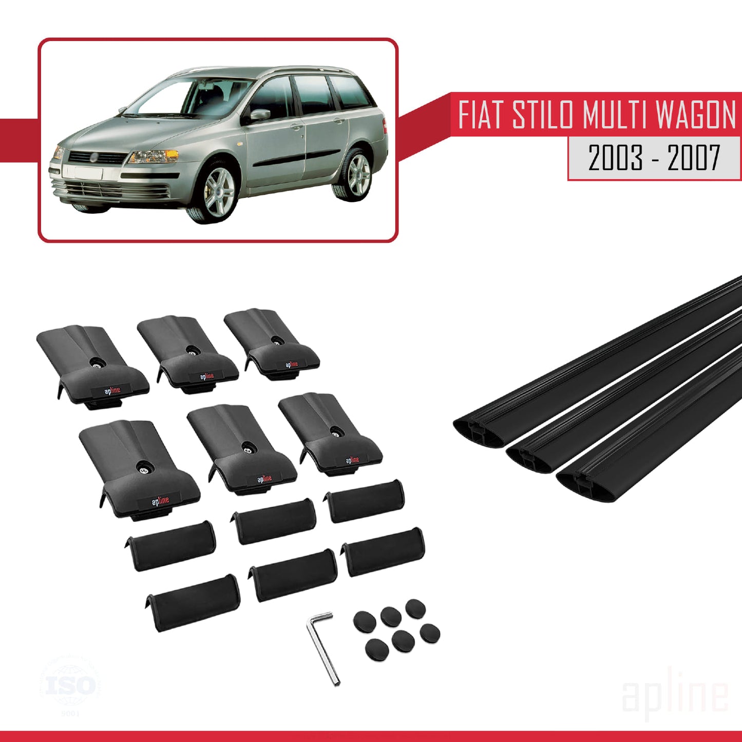 Compatible with Fiat Stilo Multi Wagon 2003-2007 FLY Model Car Roof Rack Cross Bar Black Aluminium 3 Bars