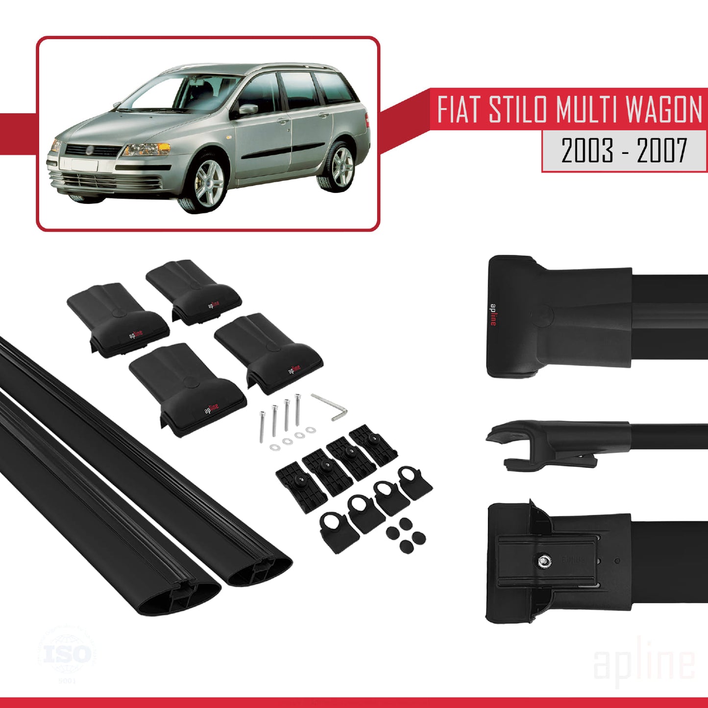 Compatible with Fiat Stilo Multi Wagon 2003-2007 FLY Model Car Roof Rack Cross Bar Black Aluminium 2 Bars