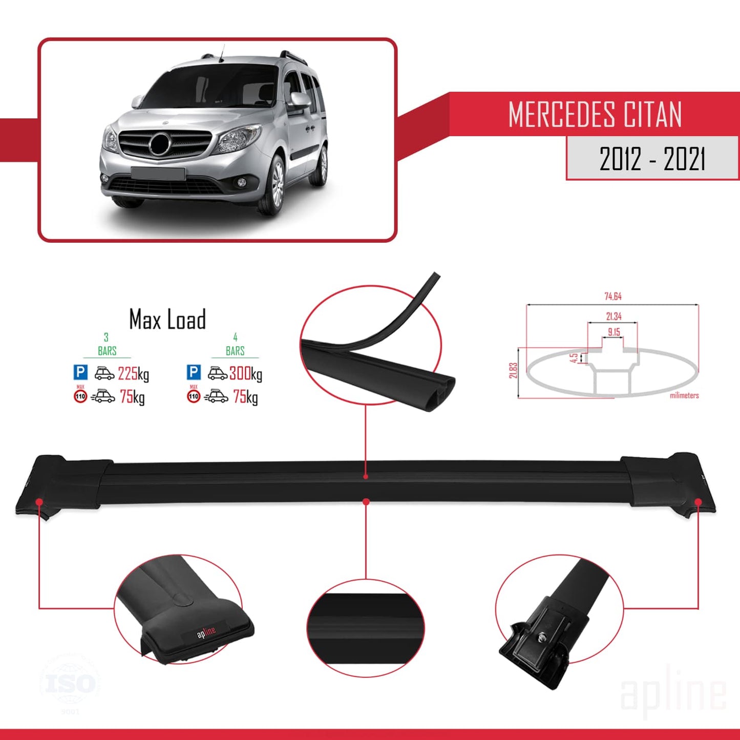 Compatible with Mercedes Citan (W415) 2012-2021 FLY Model Car Roof Rack Cross Bar Black Aluminium 4 Bars