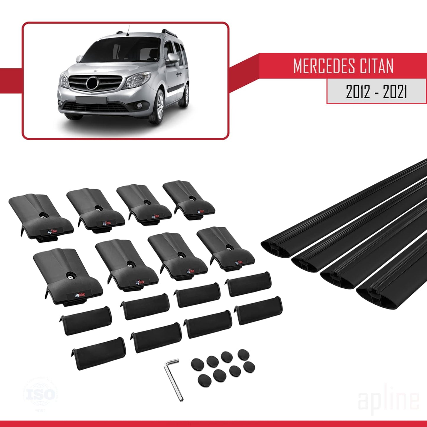 Compatible with Mercedes Citan (W415) 2012-2021 FLY Model Car Roof Rack Cross Bar Black Aluminium 4 Bars