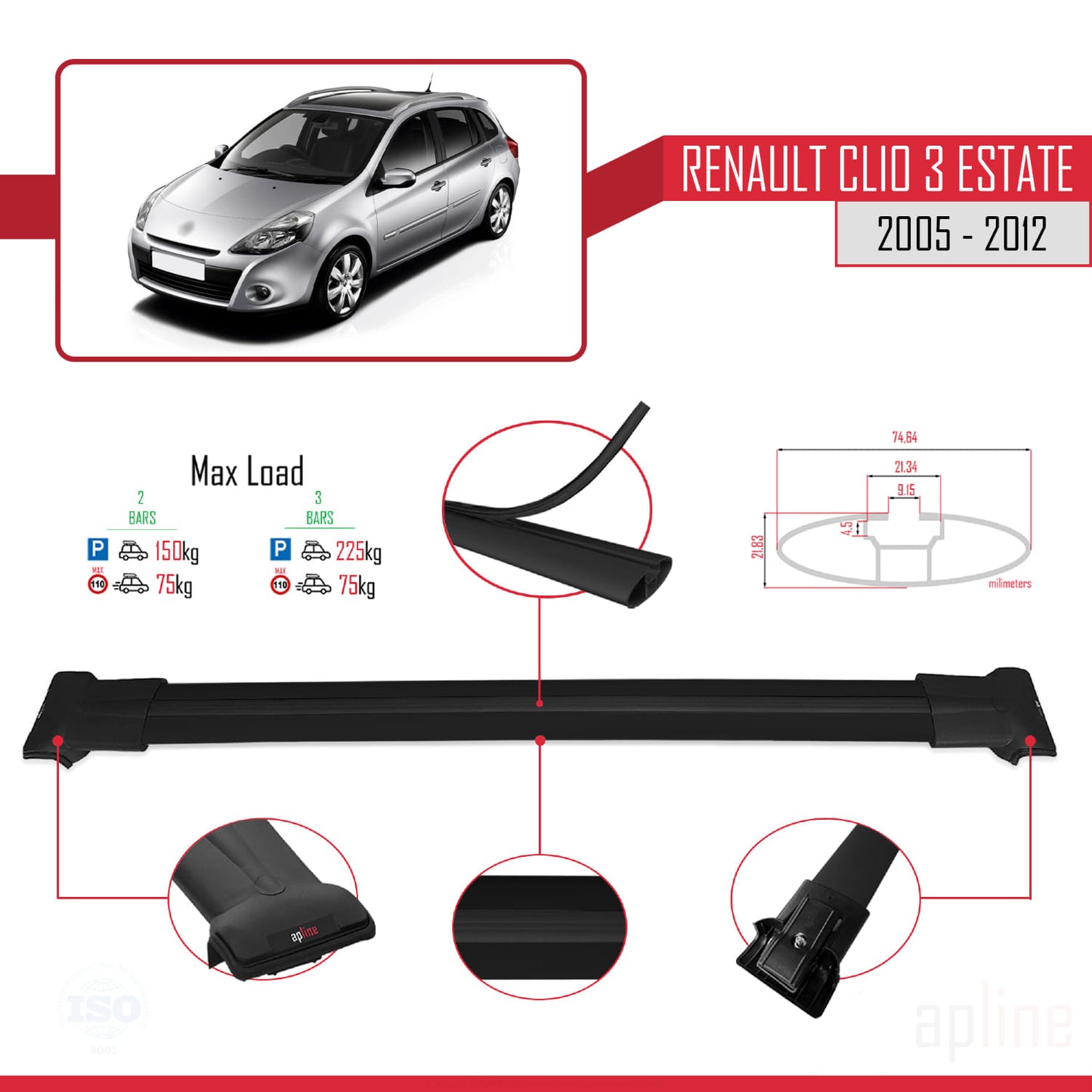 Compatible with Renault Clio 3 Estate 2005-2012 FLY Model Car Roof Rack Cross Bar Black Aluminium 2 Bars