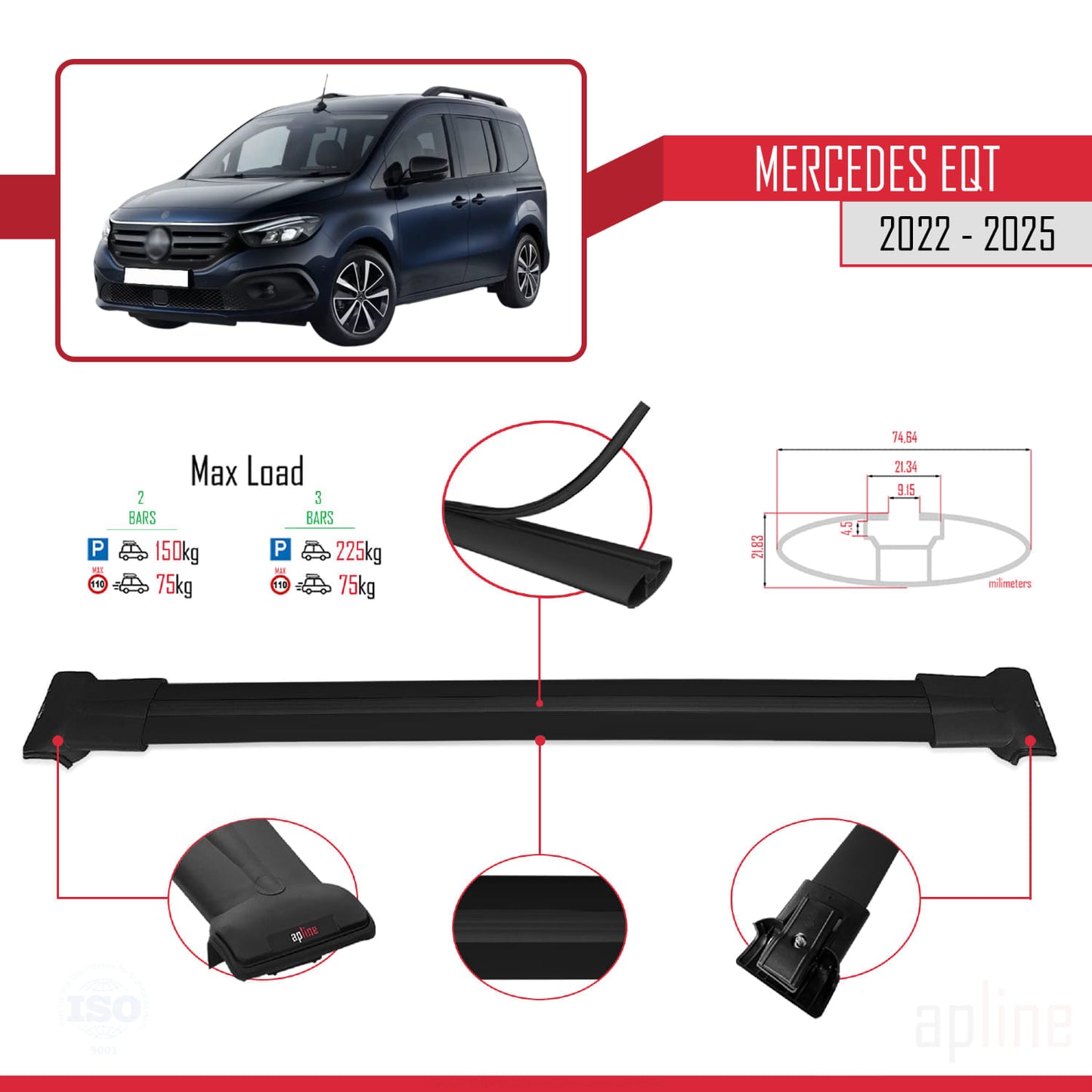 Compatible with Mercedes EQT / Citan W420 FLY Model Car Roof Rack Cross Bar Black Aluminium 2 Bars