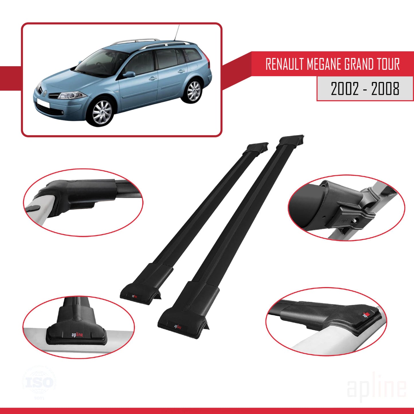 Compatible with Renault Megane Grand Tour 2002-2008 FLY Model Car Roof Rack Cross Bar Black Aluminium 2 Bars