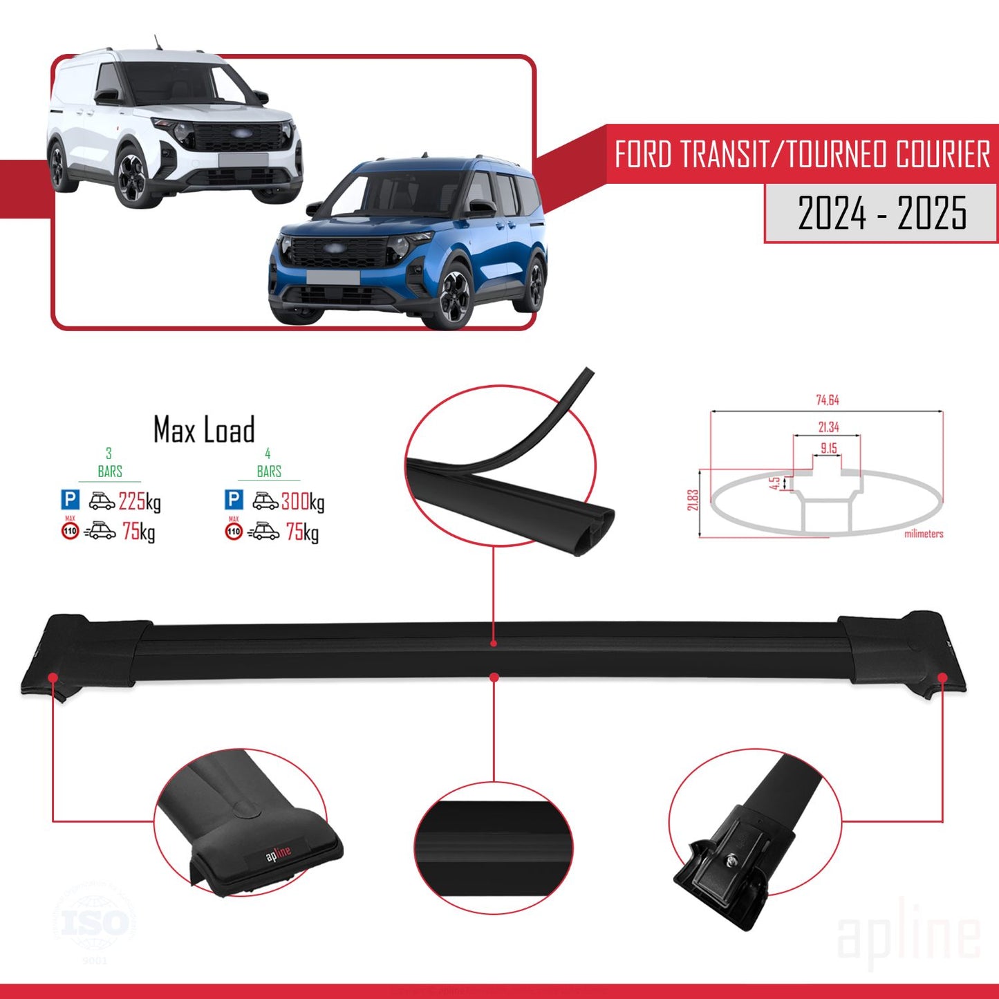 Compatible with Ford Transit/Tourneo Courier 2024-2025 FLY Model Car Roof Rack Cross Bar Black Aluminium 3 Bars