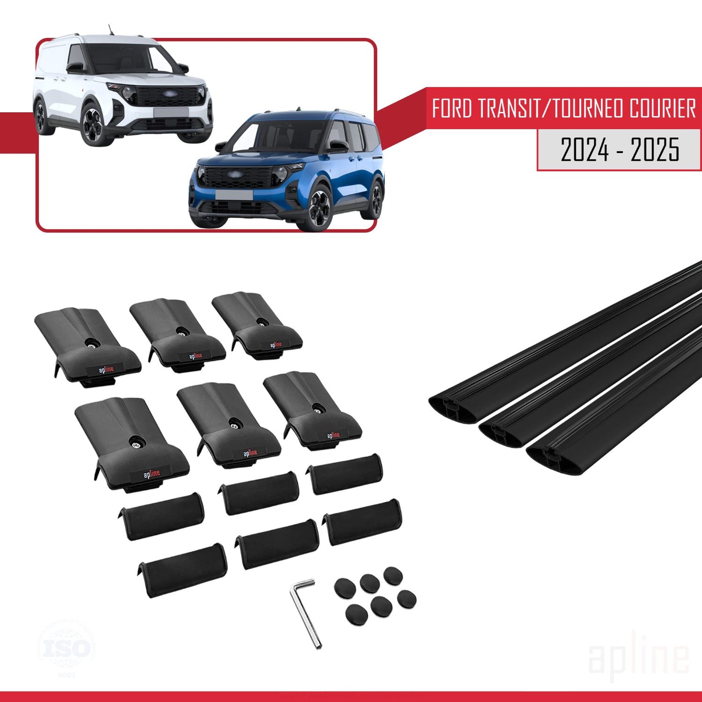 Compatible with Ford Transit/Tourneo Courier 2024-2025 FLY Model Car Roof Rack Cross Bar Black Aluminium 3 Bars