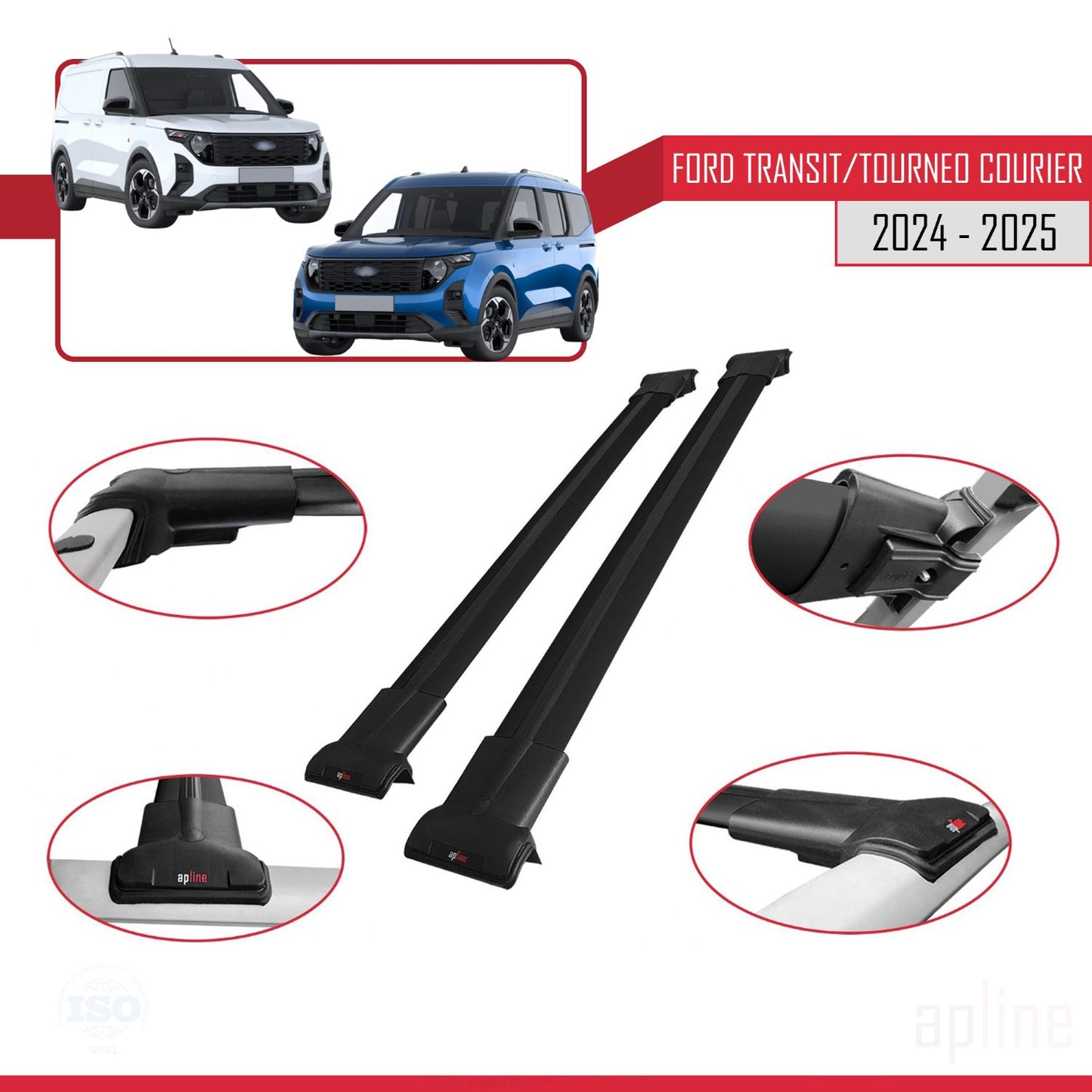 Compatible with Ford Transit/Tourneo Courier 2024-2025 FLY Model Car Roof Rack Cross Bar Black Aluminium 4 Bars