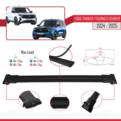 Compatible with Ford Transit/Tourneo Courier 2024-2025 FLY Model Car Roof Rack Cross Bar Black Aluminium 2 Bars
