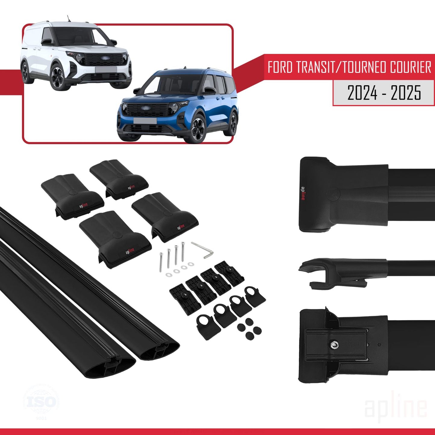 Compatible with Ford Transit/Tourneo Courier 2024-2025 FLY Model Car Roof Rack Cross Bar Black Aluminium 2 Bars