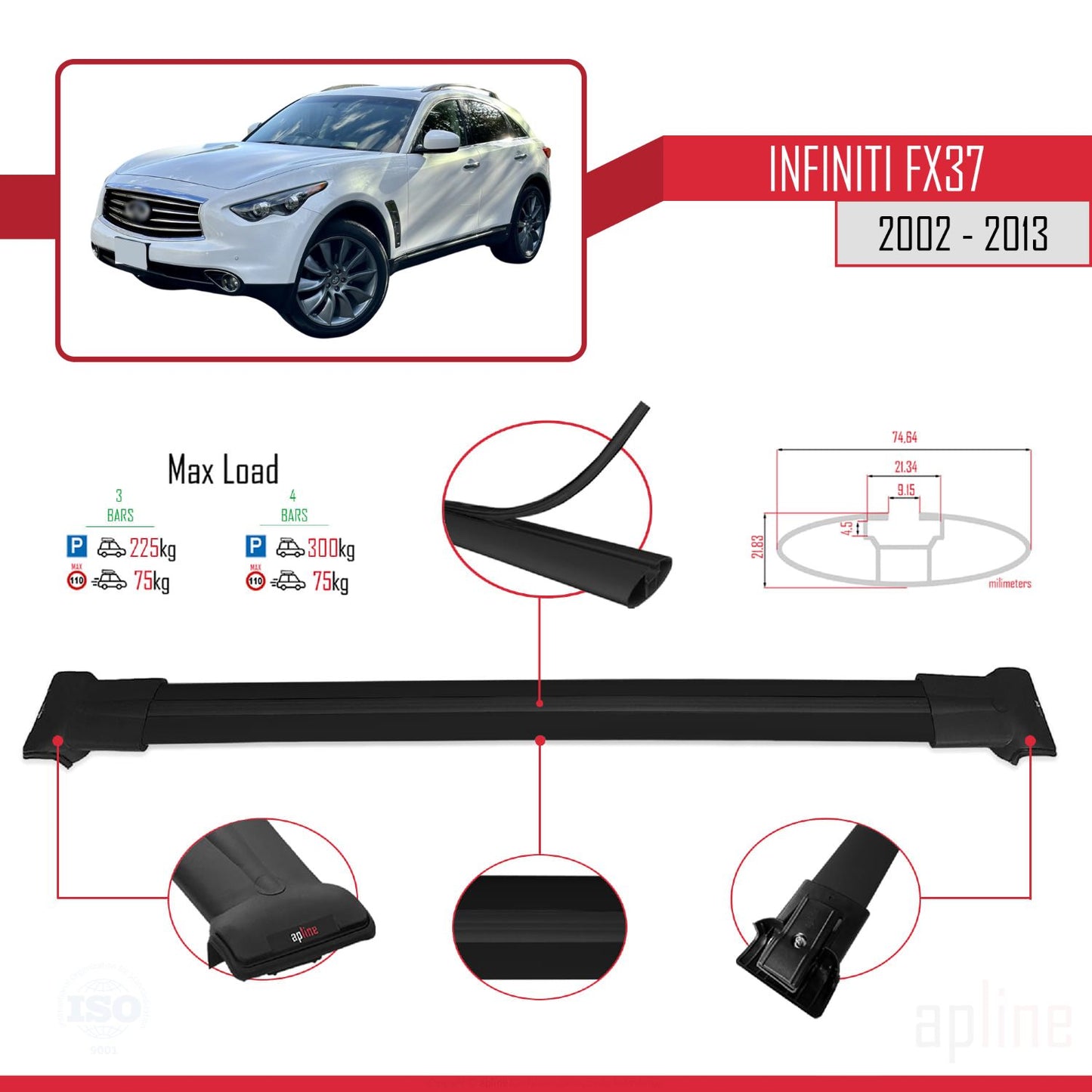 Compatible with Infiniti FX37 2002-2013 FLY Model Car Roof Rack Cross Bar Black Aluminium 3 Bars