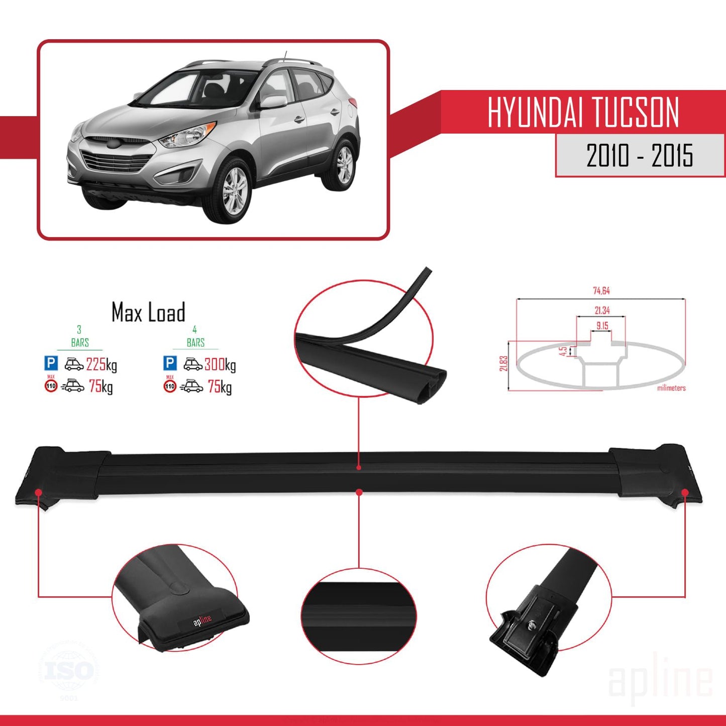 Compatible with Hyundai Tucson 2010-2015 FLY Model Car Roof Rack Cross Bar Black Aluminium 3 Bars