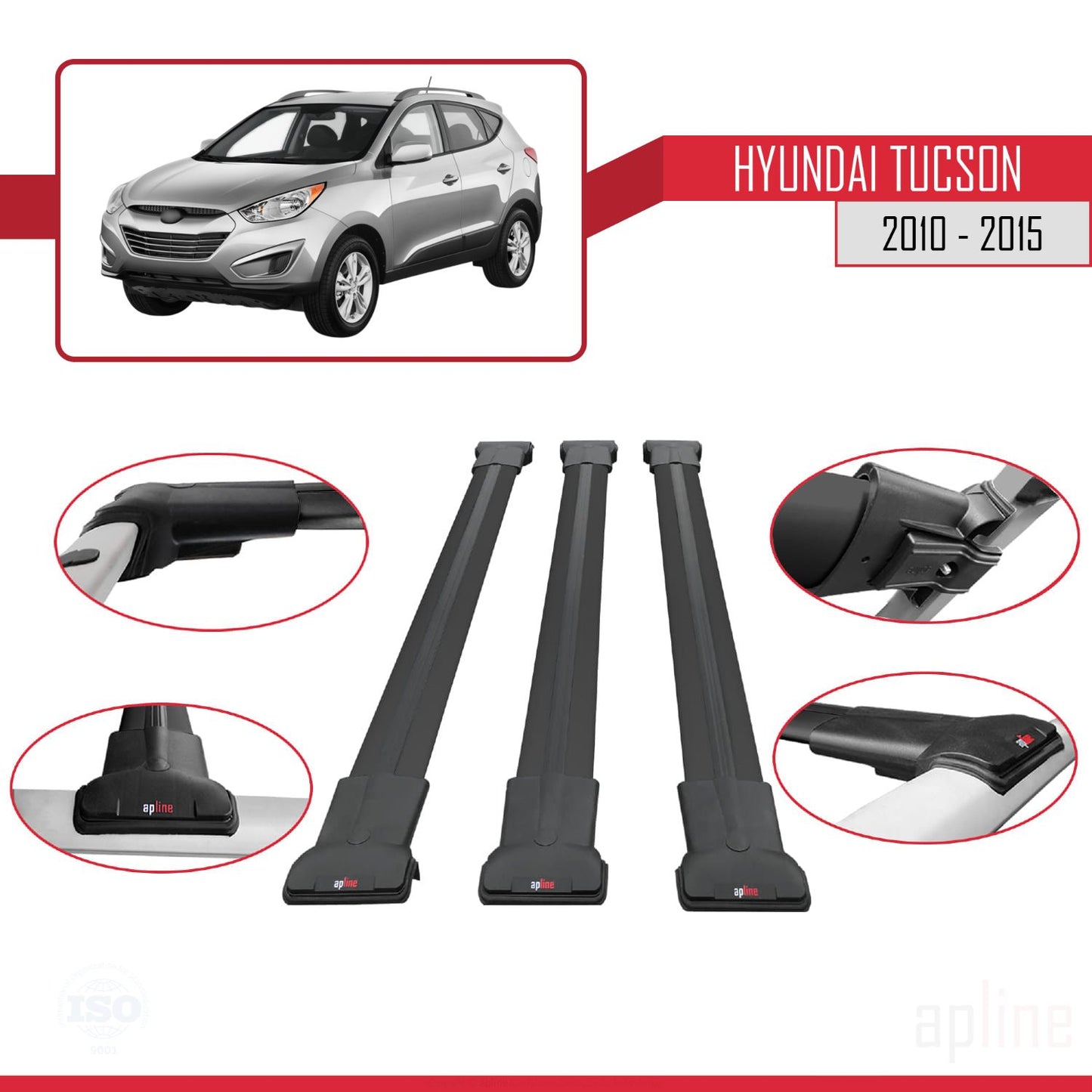 Compatible with Hyundai Tucson 2010-2015 FLY Model Car Roof Rack Cross Bar Black Aluminium 3 Bars