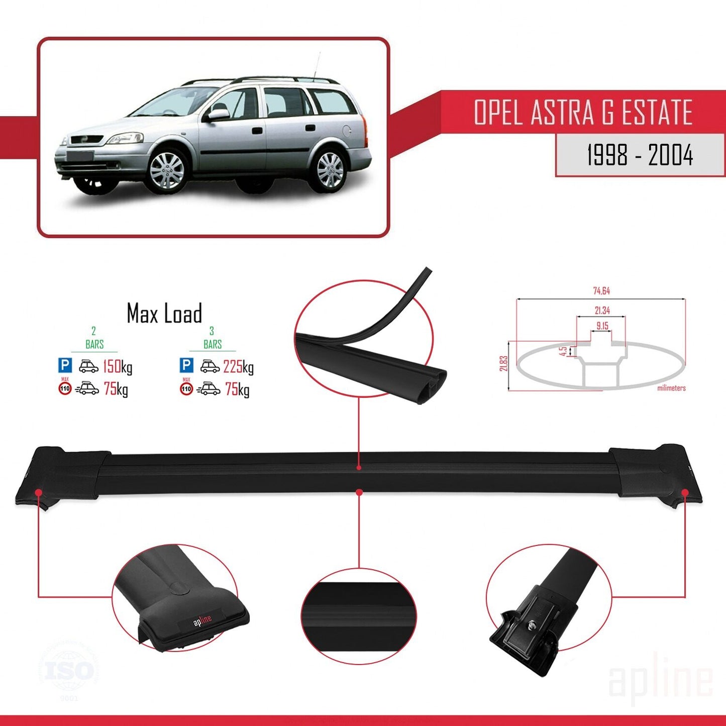 Compatible with Opel Astra G (T98) SW 1998-2004 FLY Model Car Roof Rack Cross Bar Black Aluminium 2 Bars