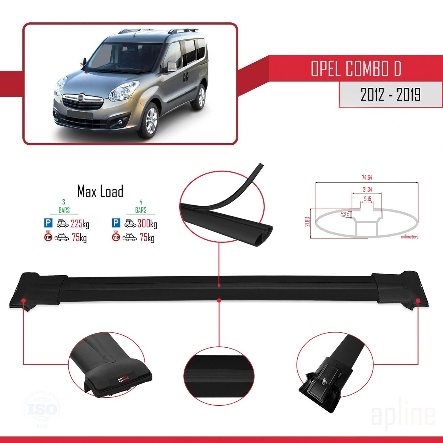 Compatible with Opel Combo D 2012-2018 FLY Model Car Roof Rack Cross Bar Black Aluminium 4 Bars