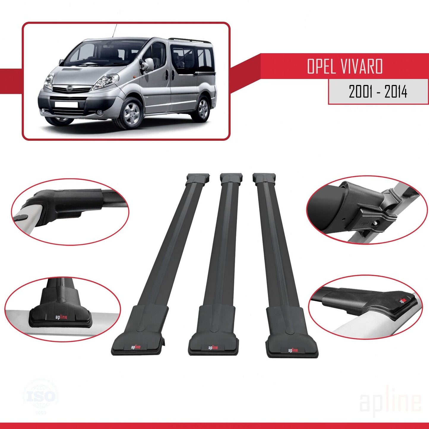 Compatible with Opel Vivaro A 2001-2014 FLY Model Car Roof Rack Cross Bar Black Aluminium 3 Bars