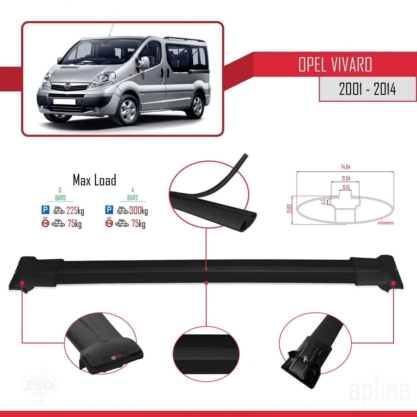 Compatible with Opel Vivaro A 2001-2014 FLY Model Car Roof Rack Cross Bar Black Aluminium 4 Bars