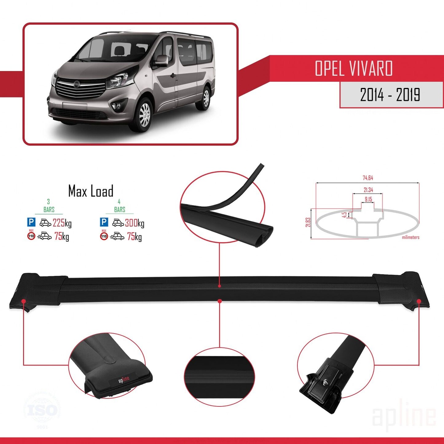 Compatible with Opel Vivaro B 2014-2019 FLY Model Car Roof Rack Cross Bar Black Aluminium 3 Bars