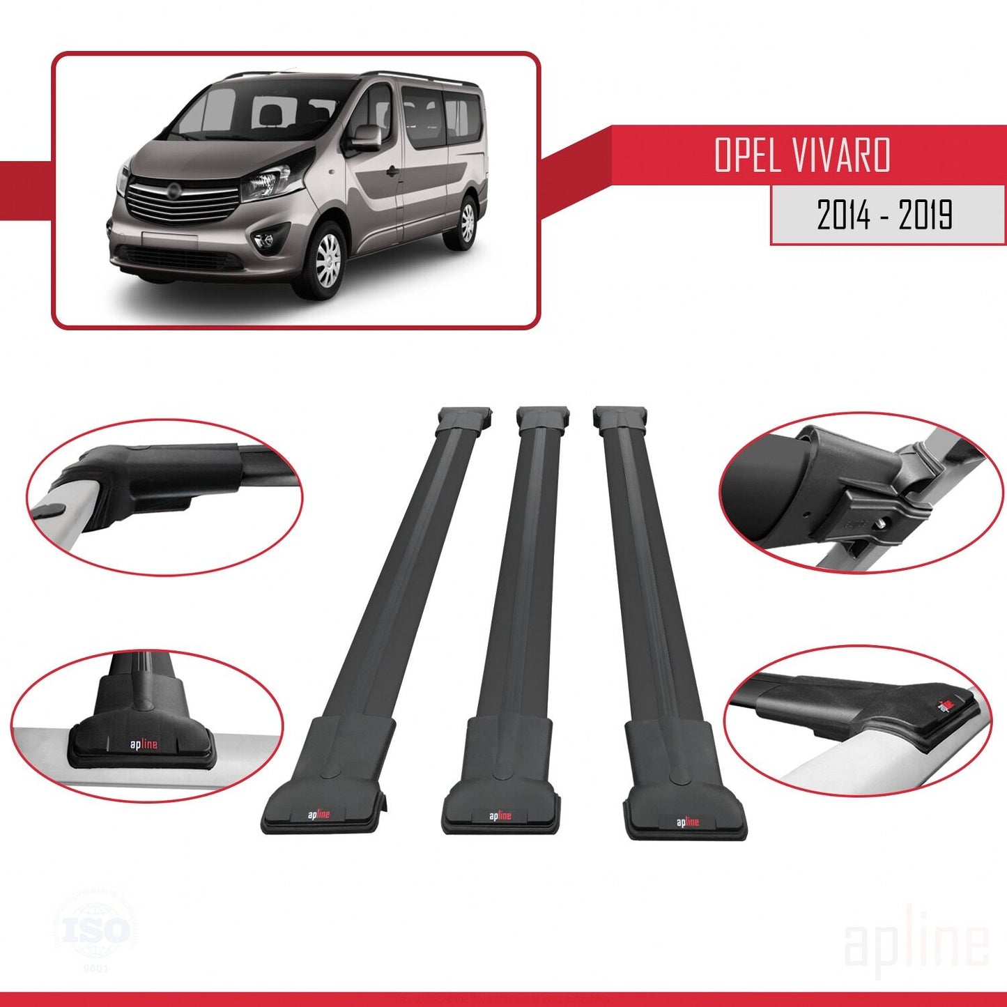 Compatible with Opel Vivaro B 2014-2019 FLY Model Car Roof Rack Cross Bar Black Aluminium 3 Bars