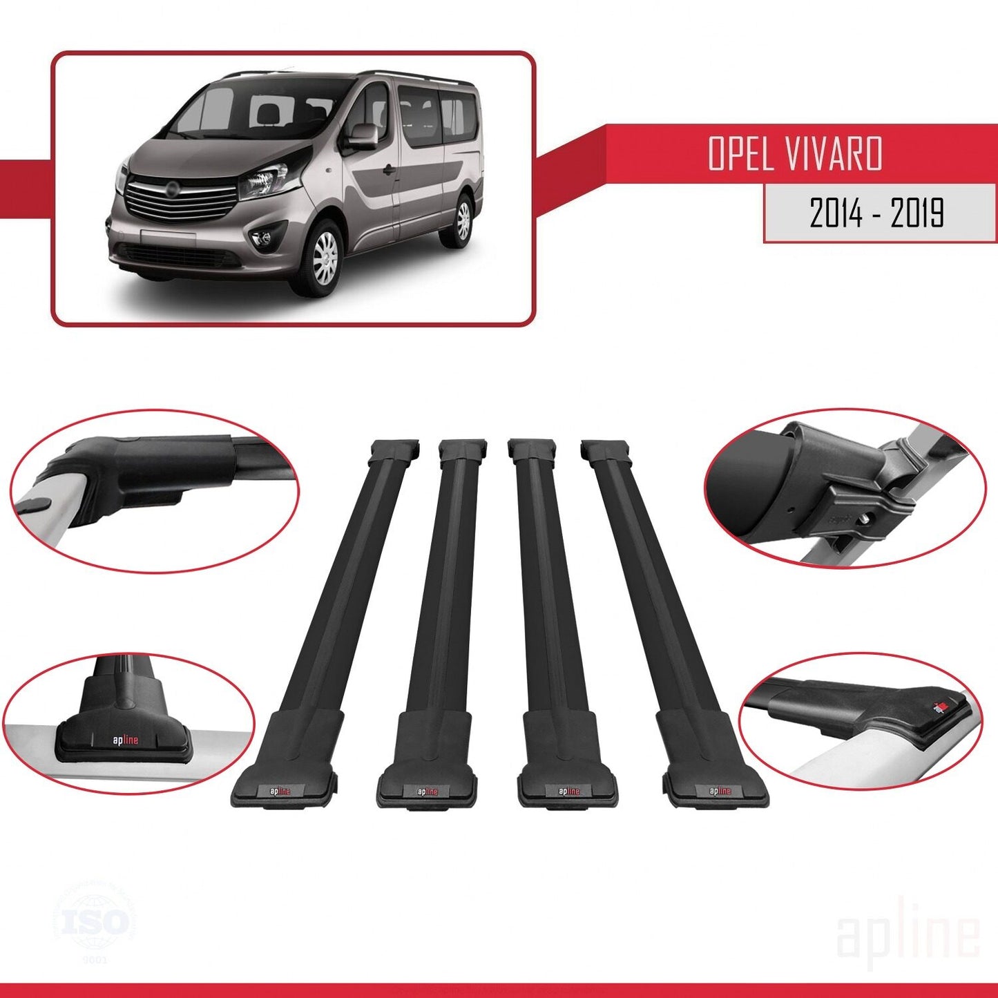 Compatible with Opel Vivaro B 2014-2019 FLY Model Car Roof Rack Cross Bar Black Aluminium 4 Bars