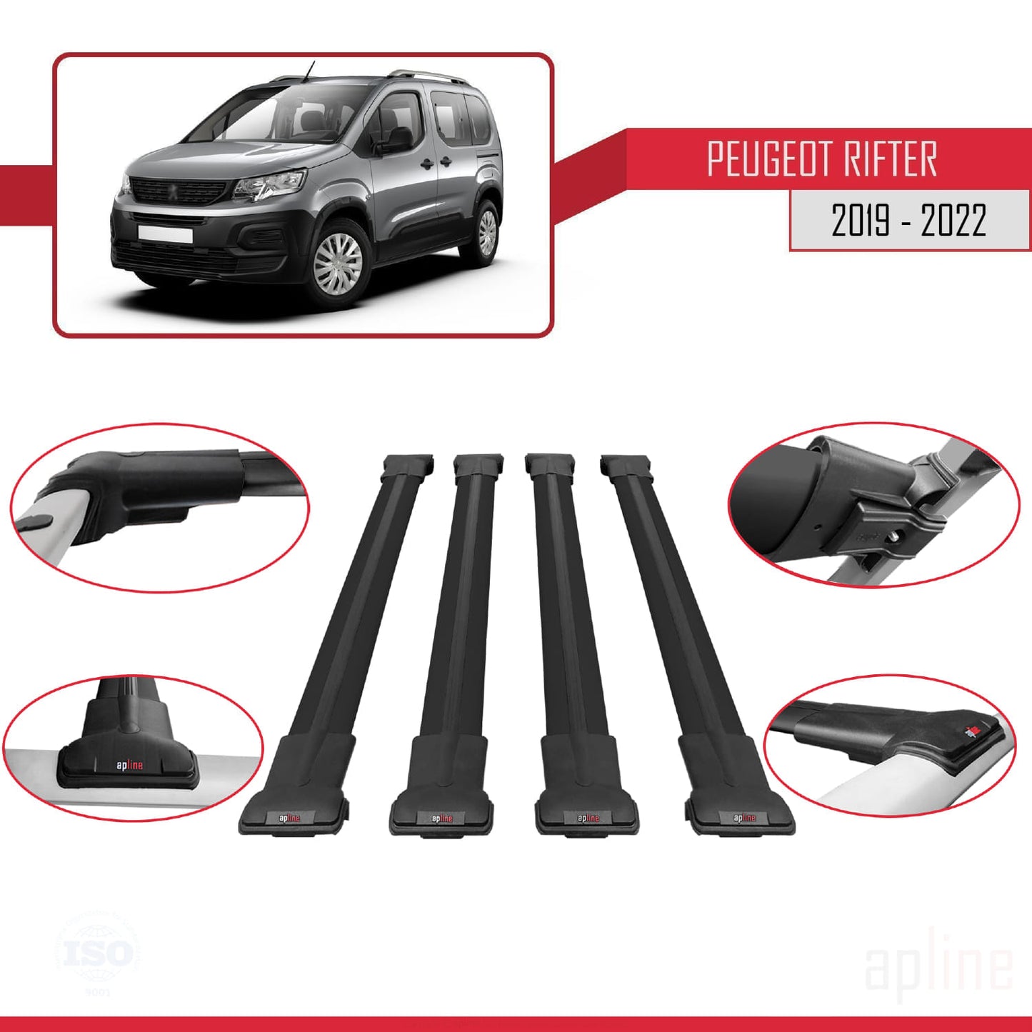 Compatible with Peugeot Rifter 2019-2022 FLY Model Car Roof Rack Cross Bar Black Aluminium 4 Bars