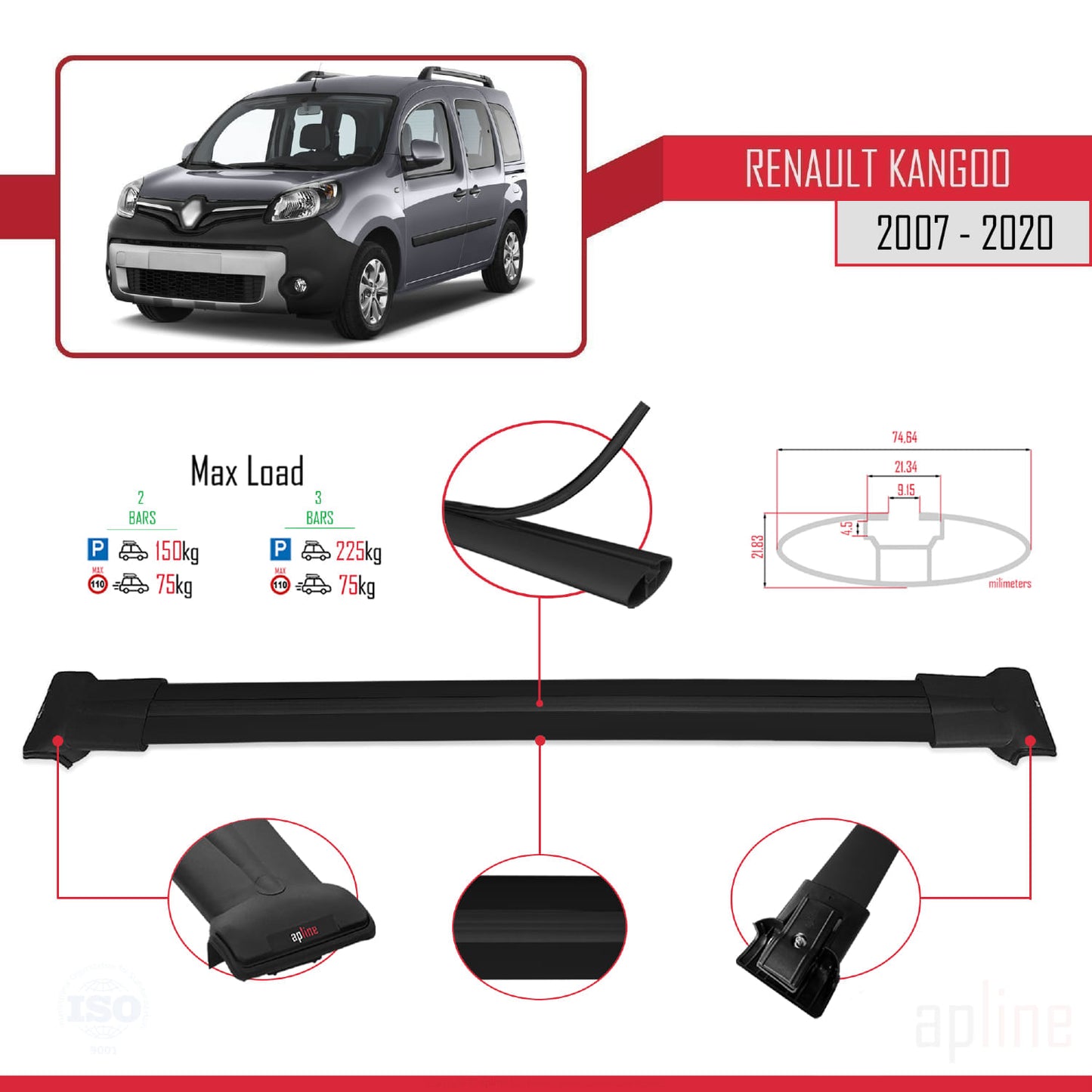 Compatible with Renault Kangoo 2 (X61) 2007-2020 FLY Model Car Roof Rack Cross Bar Black Aluminium 2 Bars