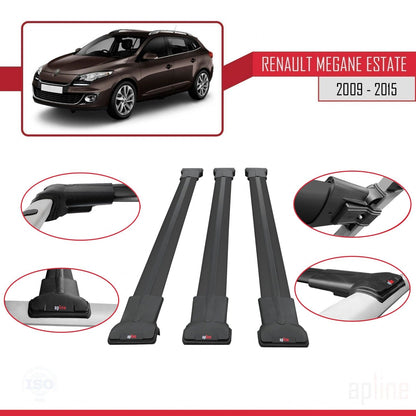 Compatible with Renault Megane 3 ST 2009-2015 FLY Model Car Roof Rack Cross Bar Black Aluminium 3 Bars