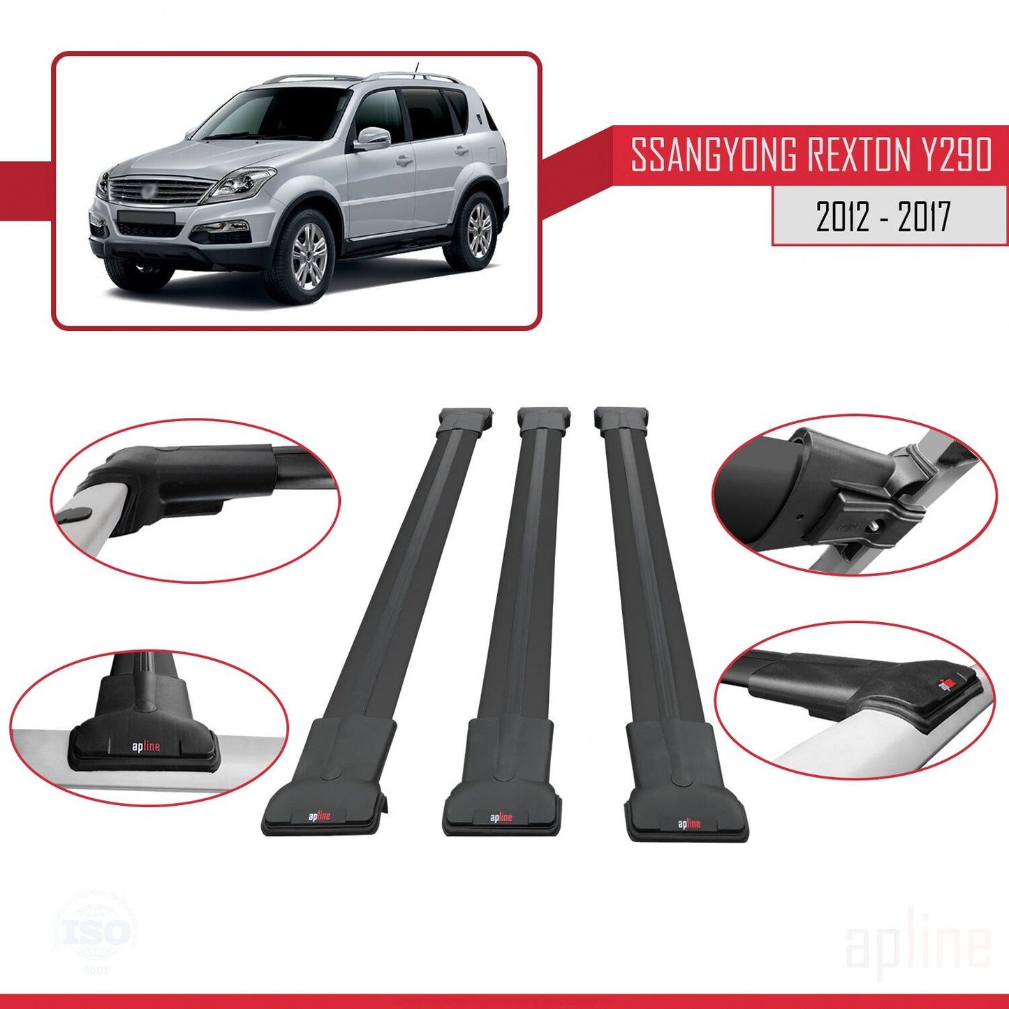 Compatible with Ssangyong Rexton (Y290) 2012-2017 FLY Model Car Roof Rack Cross Bar Black Aluminium 3 Bars