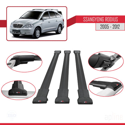 Compatible with Ssangyong Rodius 2005-2012 FLY Model Car Roof Rack Cross Bar Black Aluminium 3 Bars