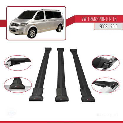 Compatible with Volkswagen Transporter (T5) 2003-2015 FLY Model Roof Rack Black 3 Aluminium Bars