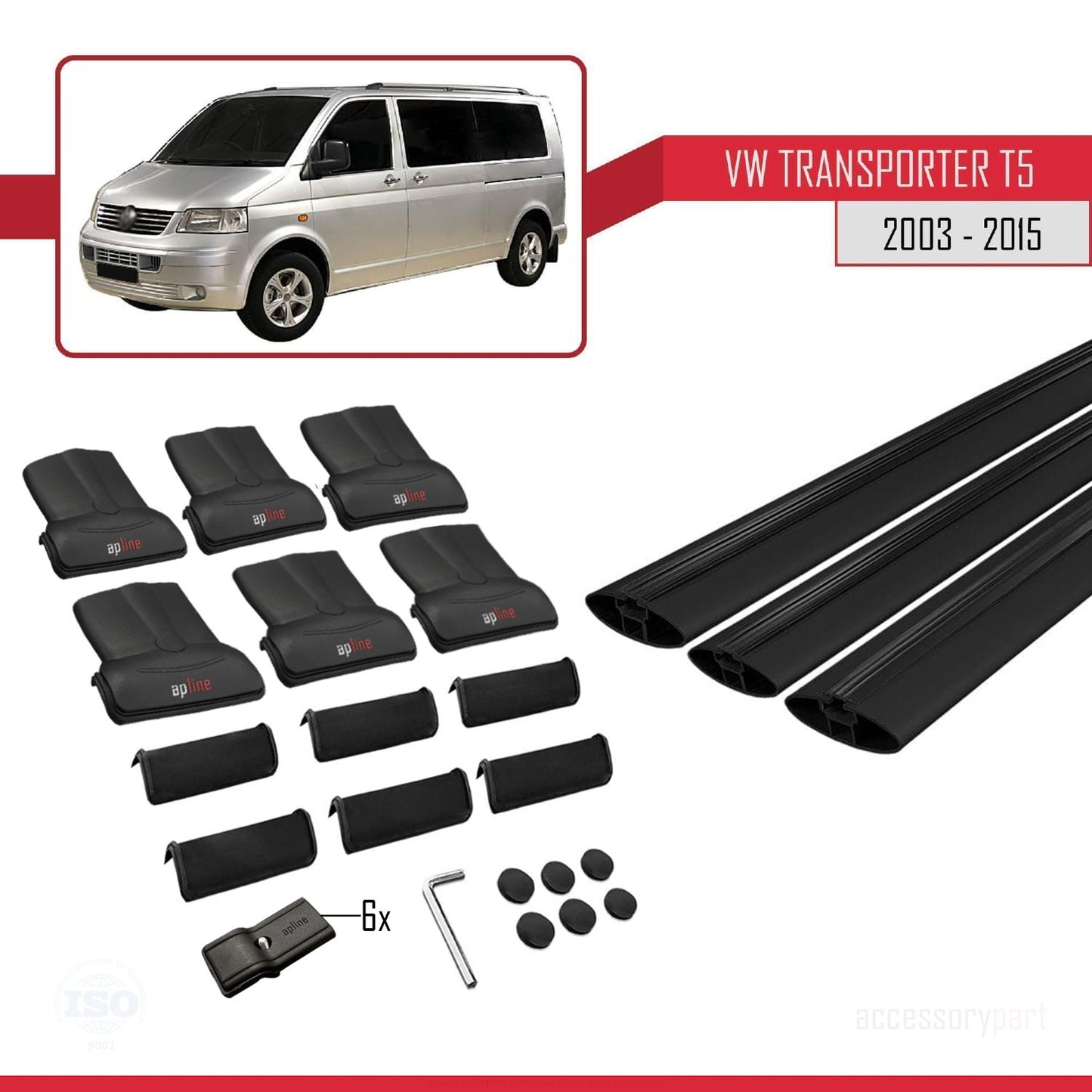 Compatible with Volkswagen Transporter (T5) 2003-2015 FLY Model Roof Rack Black 3 Aluminium Bars