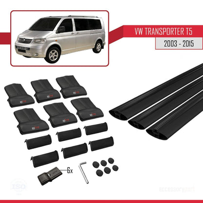 Compatible with Volkswagen Transporter (T5) 2003-2015 FLY Model Roof Rack Black 3 Aluminium Bars