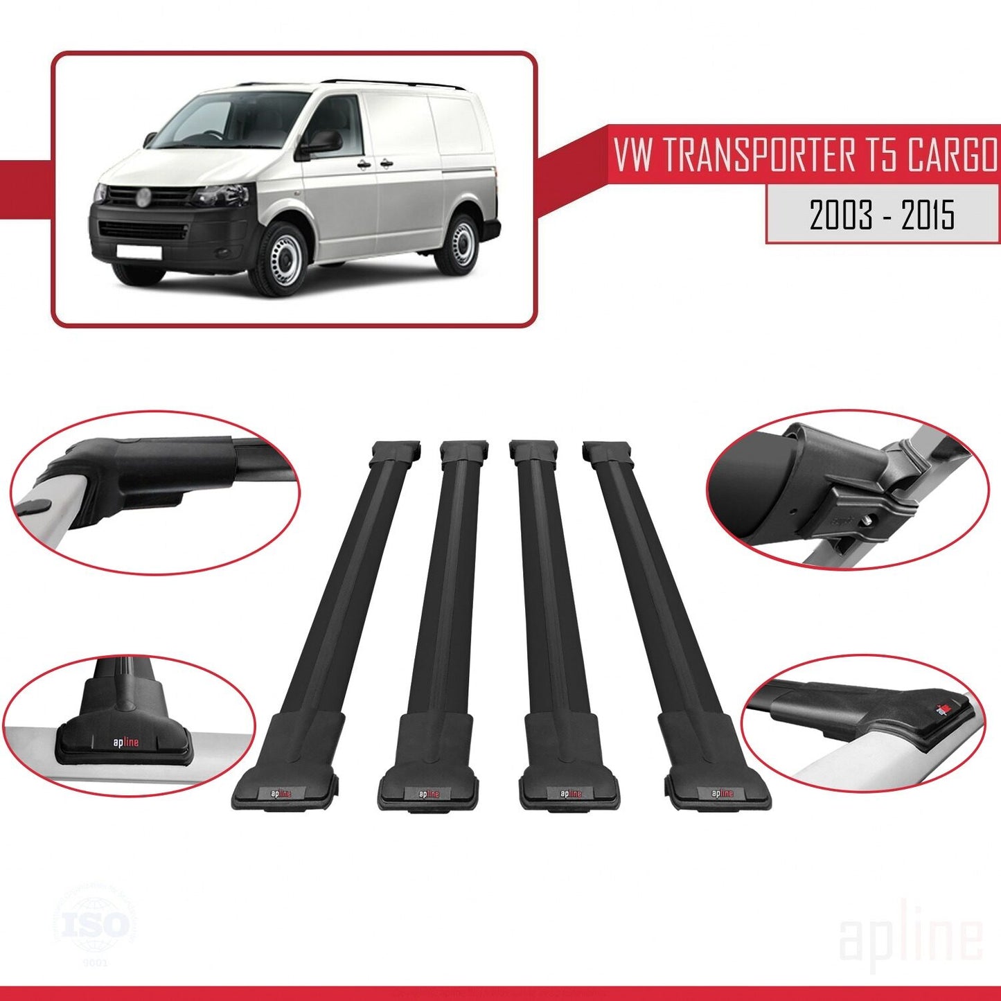 Compatible with Volkswagen T5 Transporter 2003-2015 FLY Model Car Roof Rack Cross Bar Black Aluminium 4 Bars